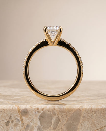 The Norah Classic Linear French Pavé Cushion Cut Engagement Ring Setting in 18K Yellow Gold