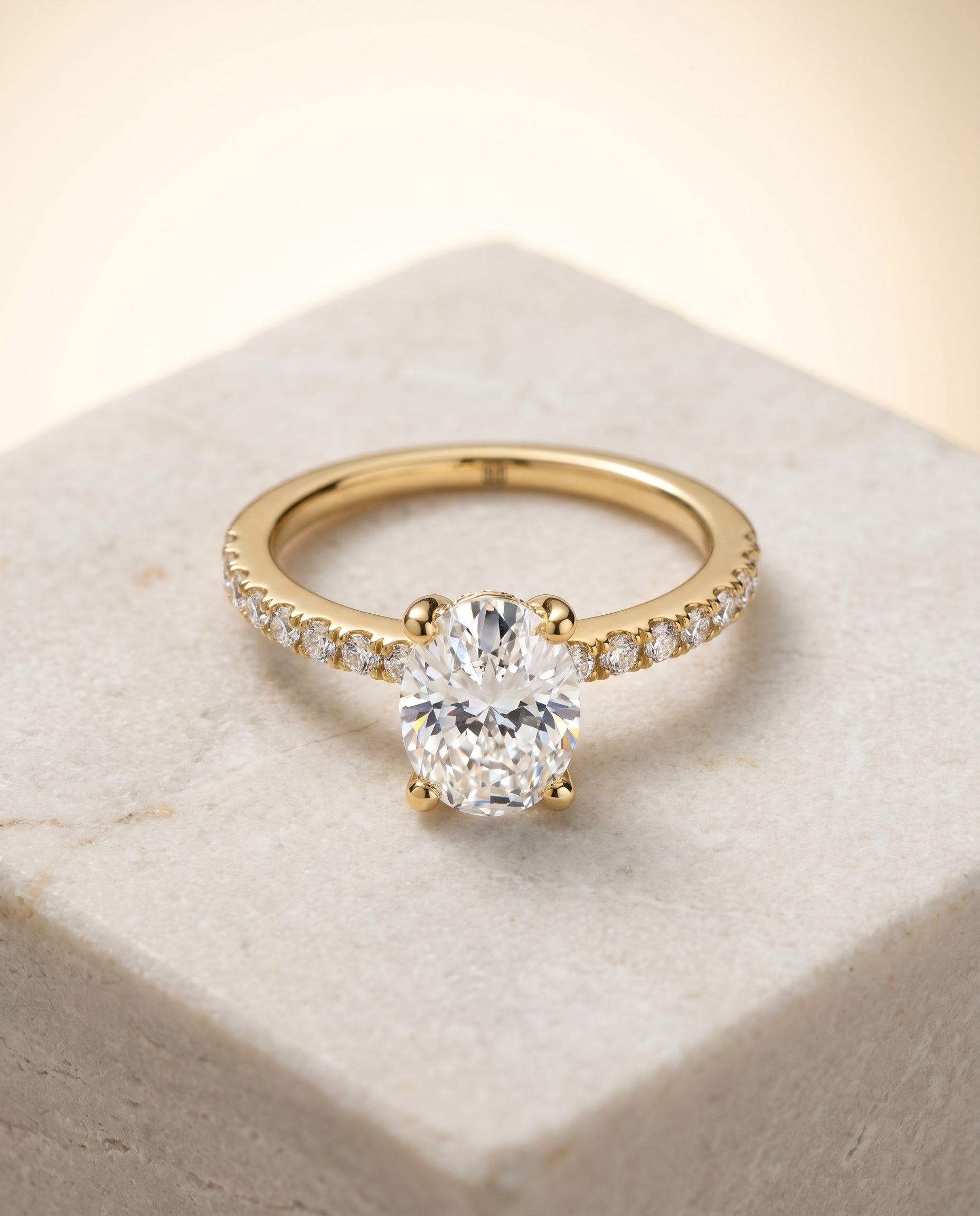 Norah Select Pavé Oval Lab Diamond Engagement Ring in 18K Yellow Gold, shown on hand, angled | RockHer