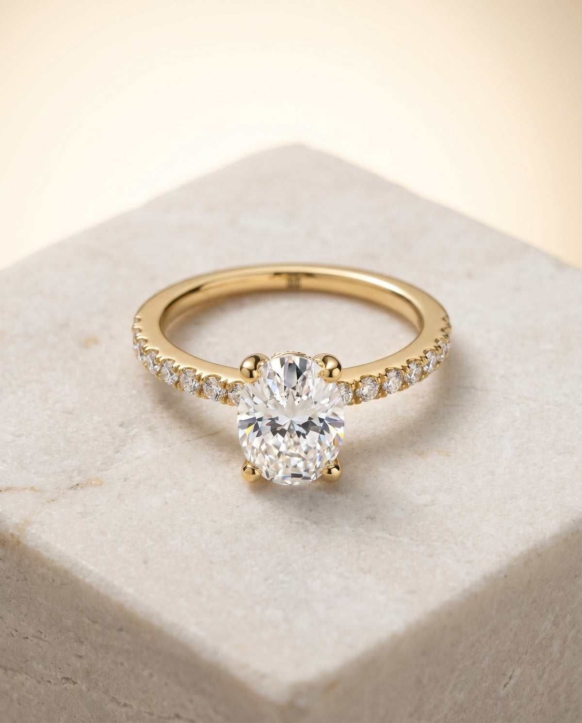 Norah Select Pavé Oval Lab Diamond Engagement Ring in 18K Yellow Gold, shown on hand, angled | RockHer