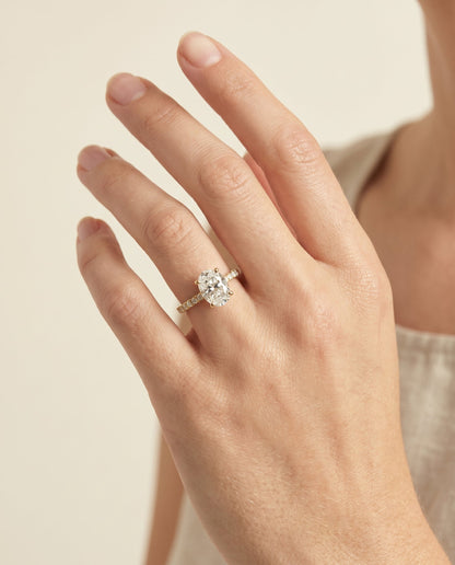 Norah Select Pavé Oval Lab Diamond Engagement Ring in 18K Yellow Gold, shown on hand | RockHer