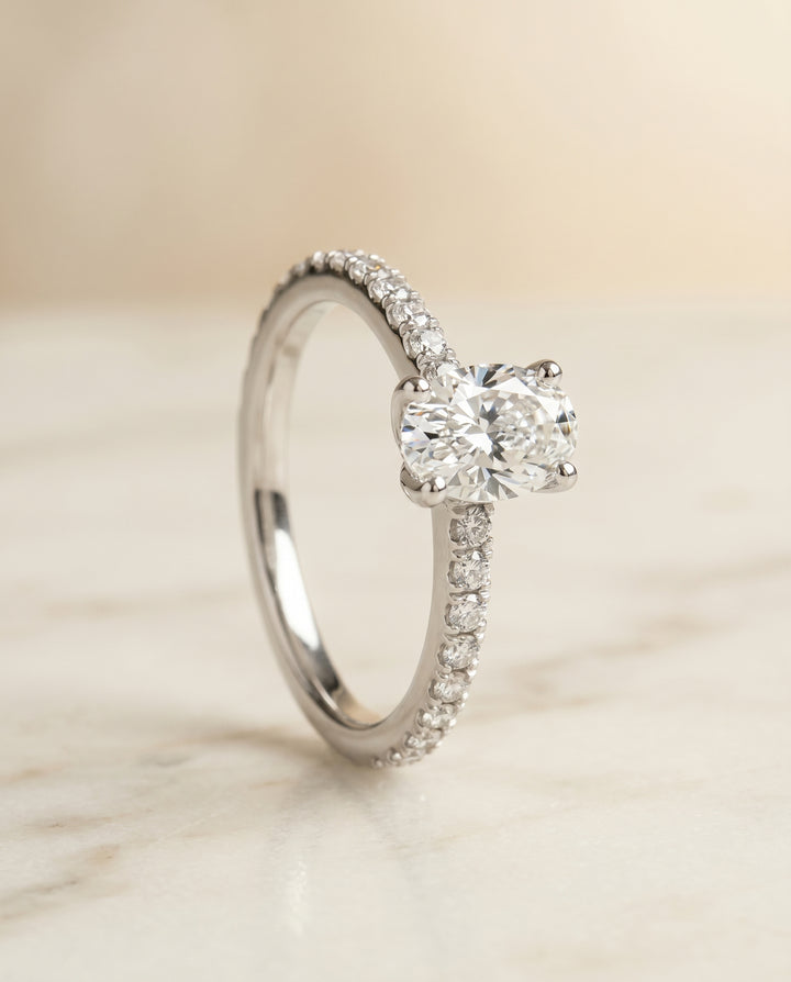 The Norah Pavé Engagement Ring Setting for Oval Diamonds in Platinum