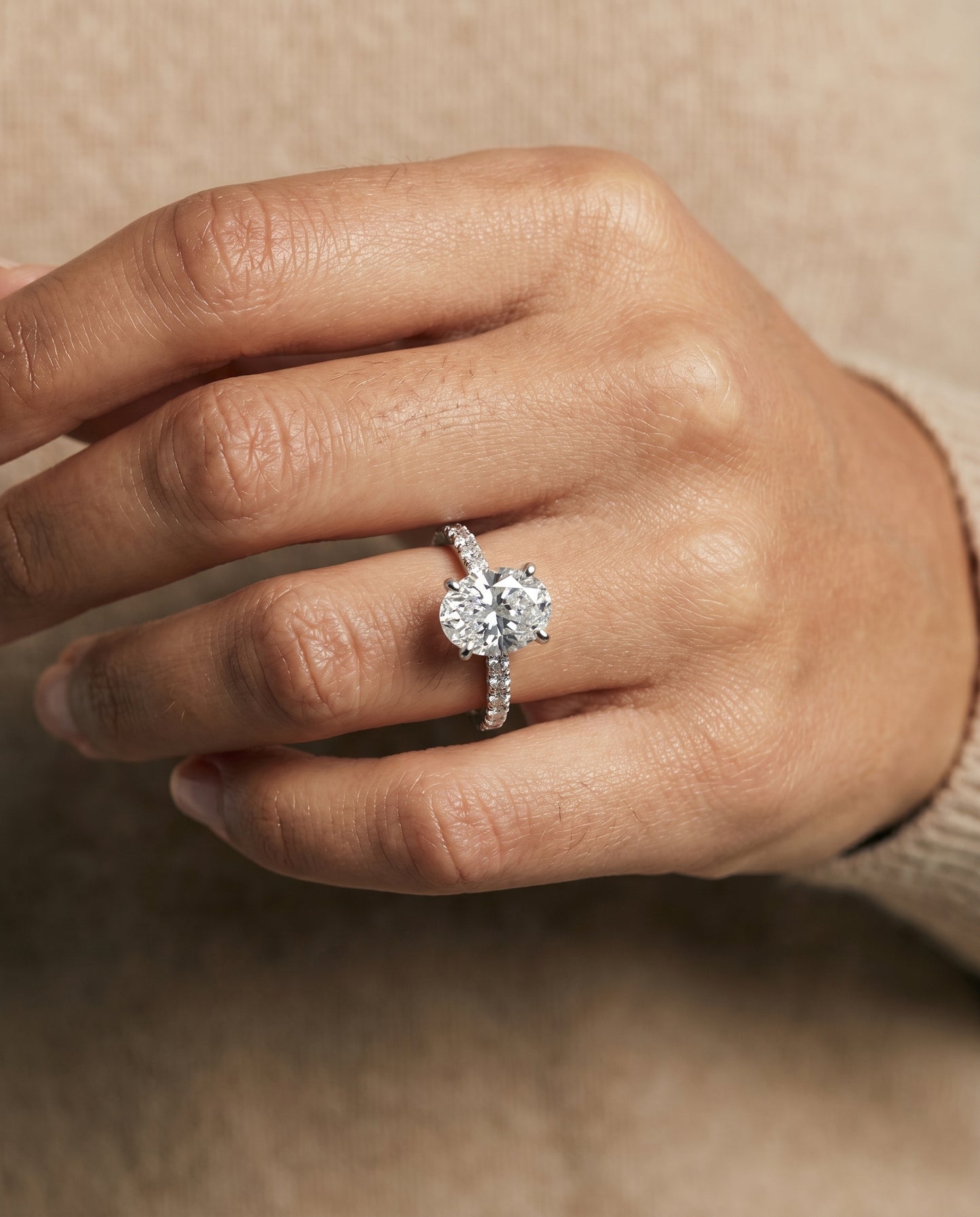 The Norah Pavé Engagement Ring Setting for Oval Diamonds in Platinum