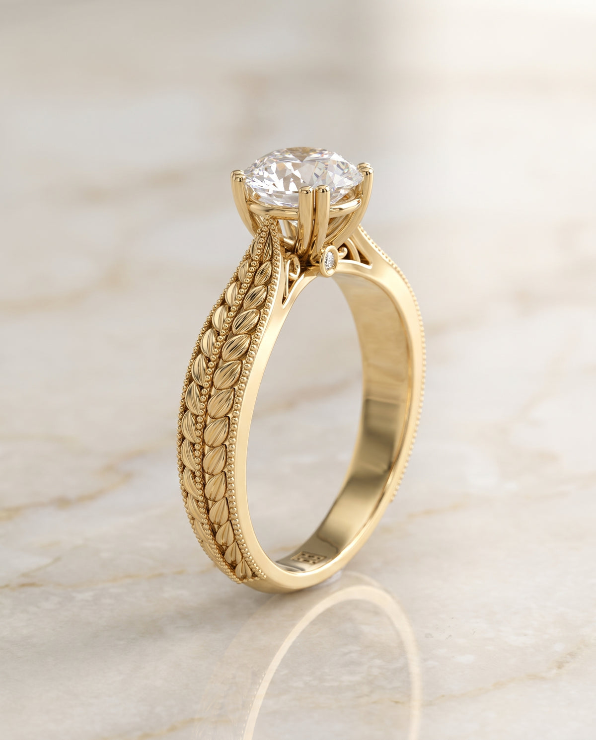 The Ophelia Antique Wheat Bead Solitaire Round Engagement Ring Setting in 18K Yellow Gold