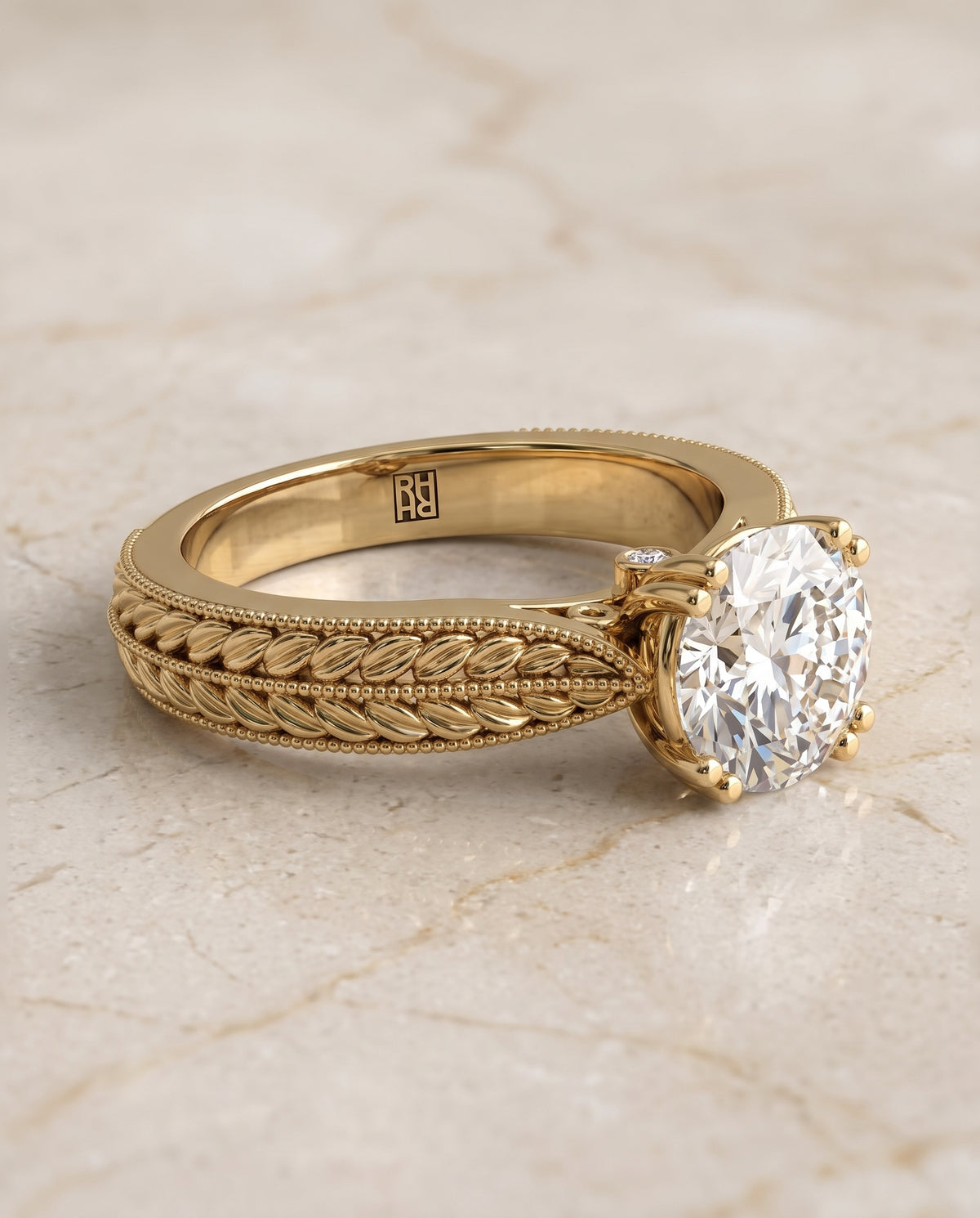 The Ophelia Antique Wheat Bead Solitaire Round Engagement Ring Setting in 18K Yellow Gold