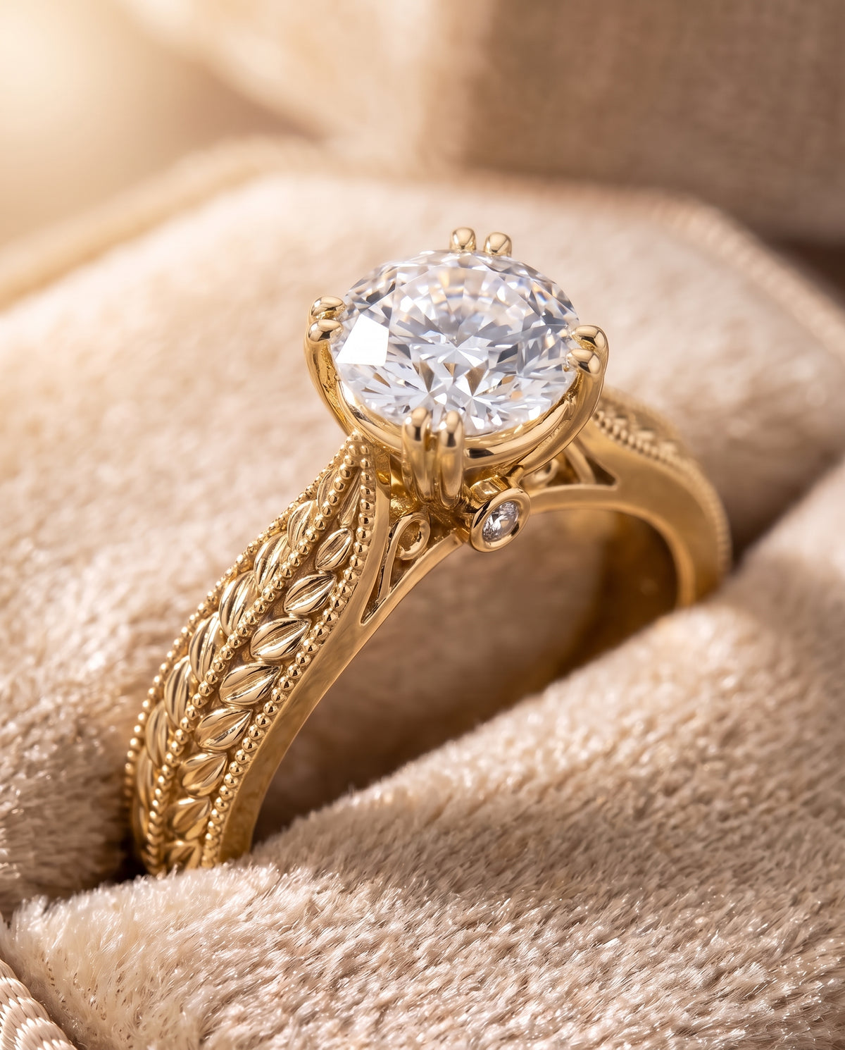 The Ophelia Antique Wheat Bead Solitaire Round Engagement Ring Setting in 18K Yellow Gold