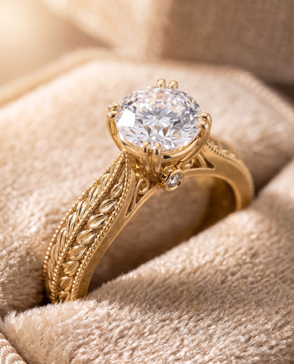 The Ophelia Antique Wheat Bead Solitaire Round Engagement Ring Setting in 18K Yellow Gold