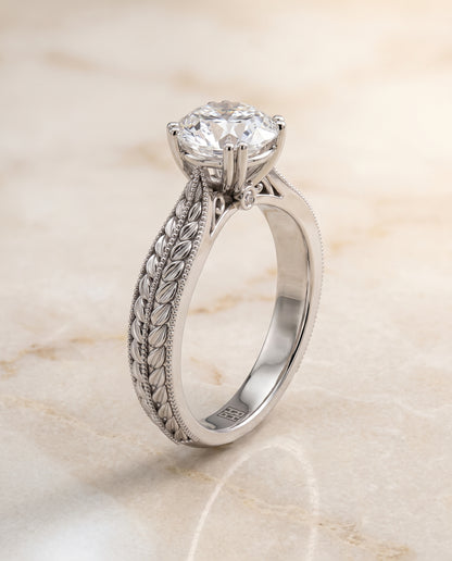 The Ophelia Antique Wheat Bead Solitaire Round Engagement Ring Setting in 18K White Gold