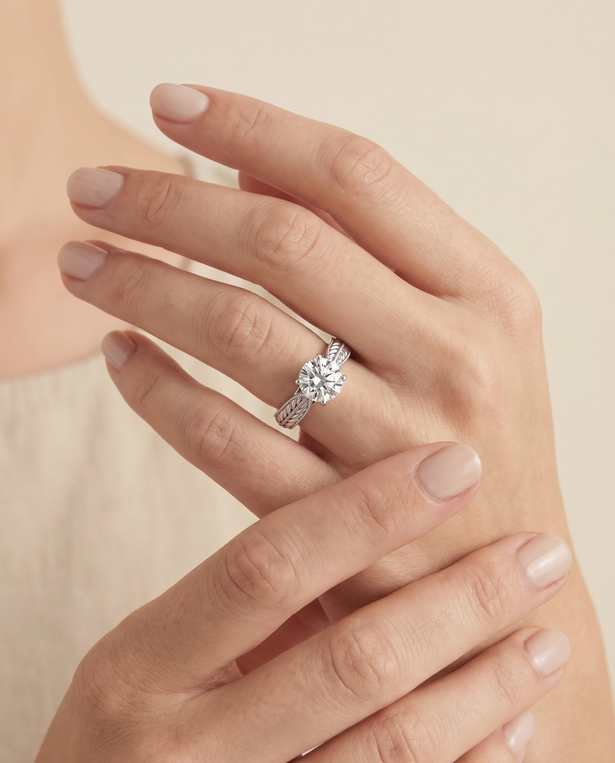 The Ophelia Antique Wheat Bead Solitaire Round Engagement Ring Setting in 18K White Gold