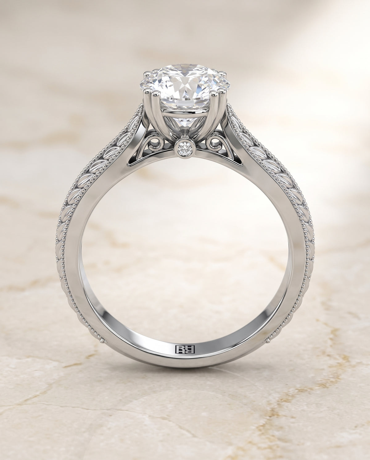 The Ophelia Antique Wheat Bead Solitaire Round Engagement Ring Setting in 18K White Gold