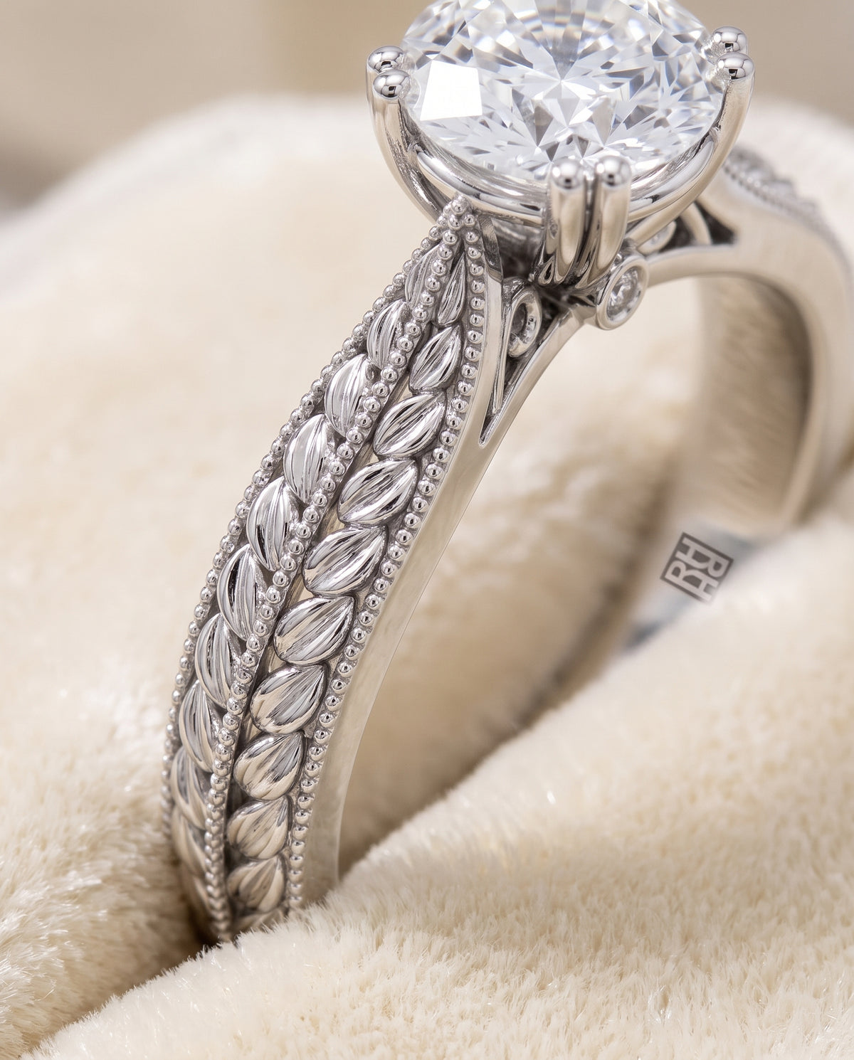 The Ophelia Antique Wheat Bead Solitaire Round Engagement Ring Setting in 18K White Gold