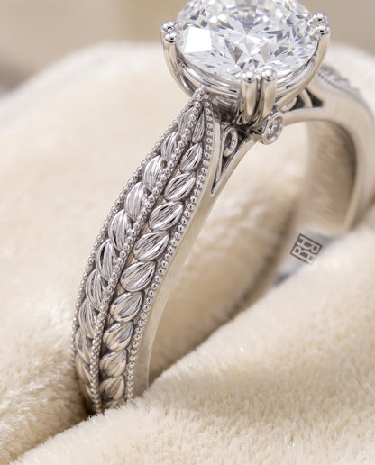 The Ophelia Antique Wheat Bead Solitaire Round Engagement Ring Setting in 18K White Gold
