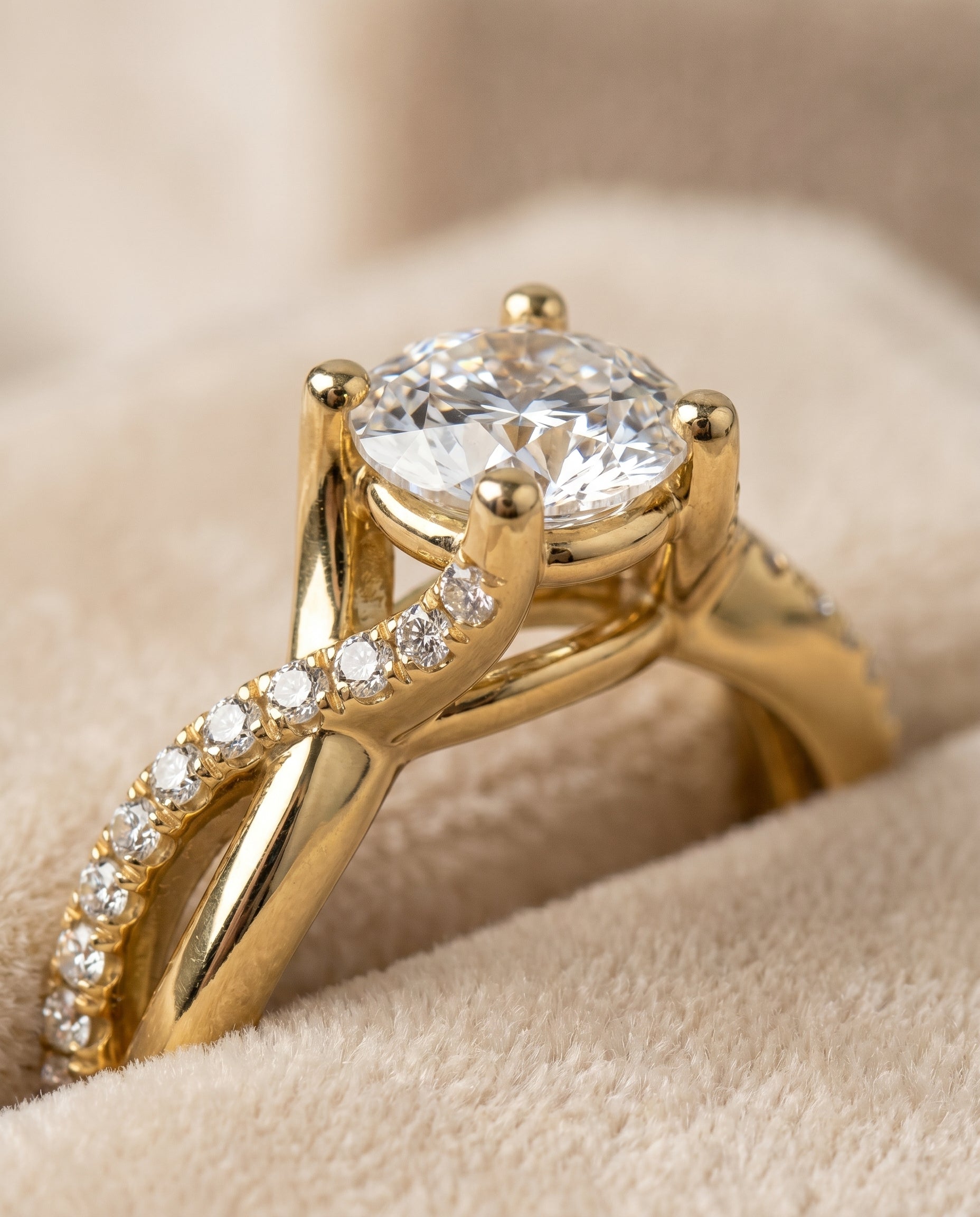 Ottava Select Bypass Pavé Twist Round Lab Diamond Engagement Ring in 18K Yellow Gold, detail view | RockHer