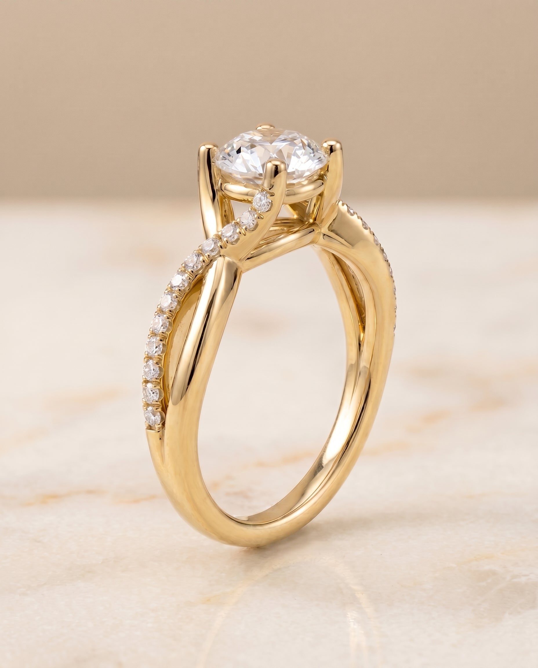 Ottava Select Bypass Pavé Twist Round Lab Diamond Engagement Ring in 18K Yellow Gold, front view | RockHer