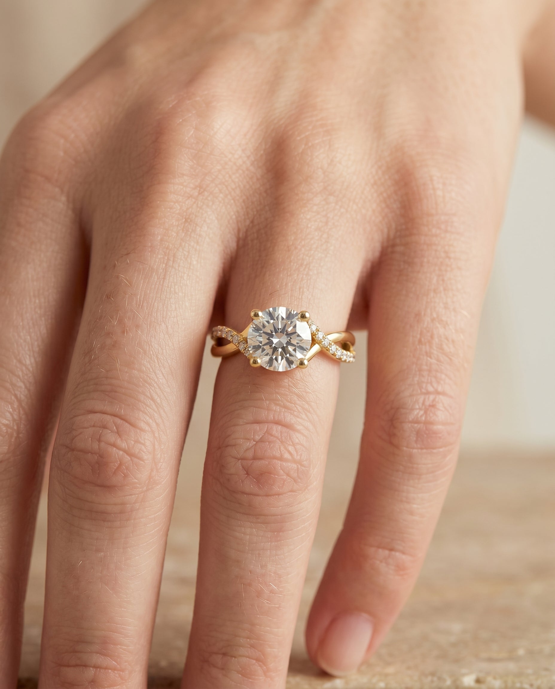 Ottava Select Bypass Pavé Twist Round Lab Diamond Engagement Ring in 18K Yellow Gold, shown on hand | RockHer