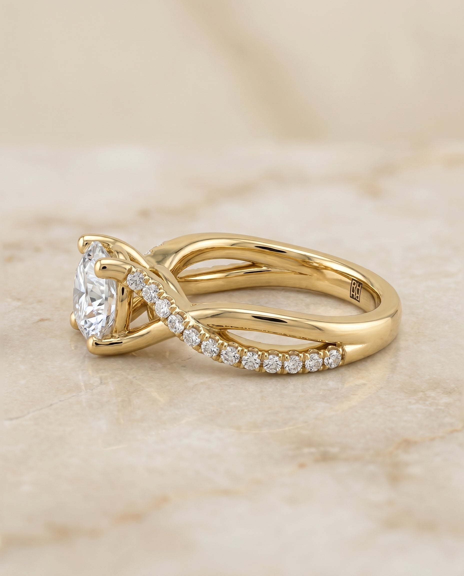 Ottava Select Bypass Pavé Twist Round Lab Diamond Engagement Ring in 18K Yellow Gold, side view | RockHer