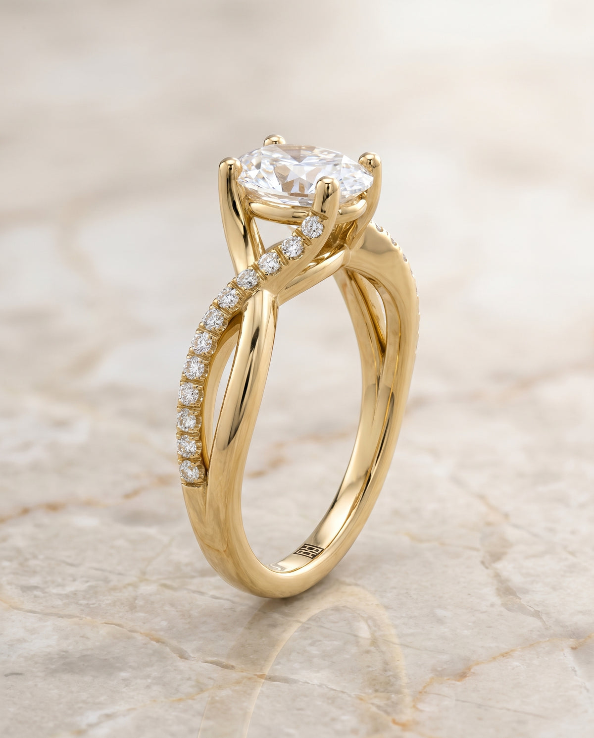 The Ottava Bypass Pavé Twist Oval Engagement Ring Setting in 18K Yellow Gold