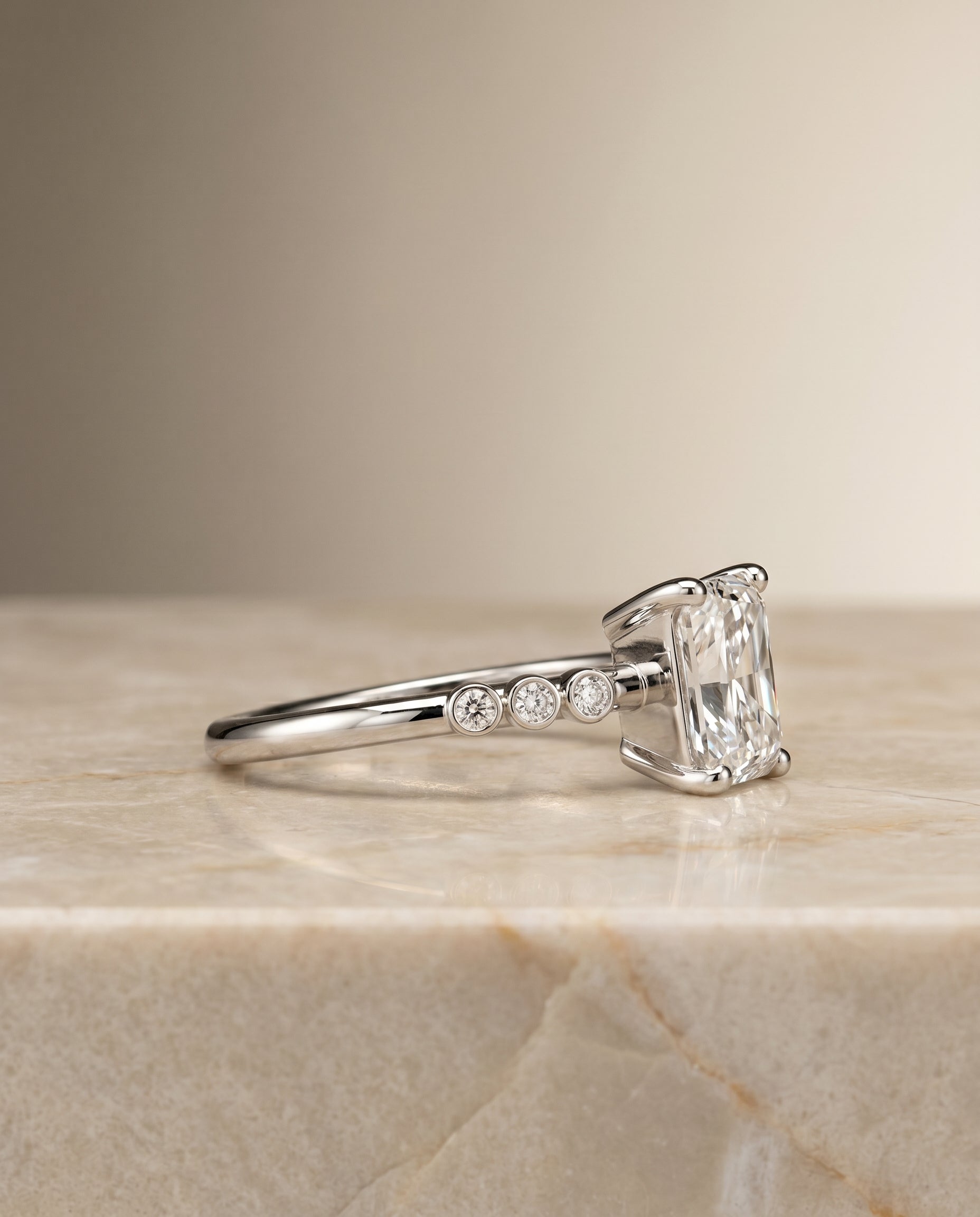 The Peggy setting for radiant diamonds, made to order in Platinum | RockHer