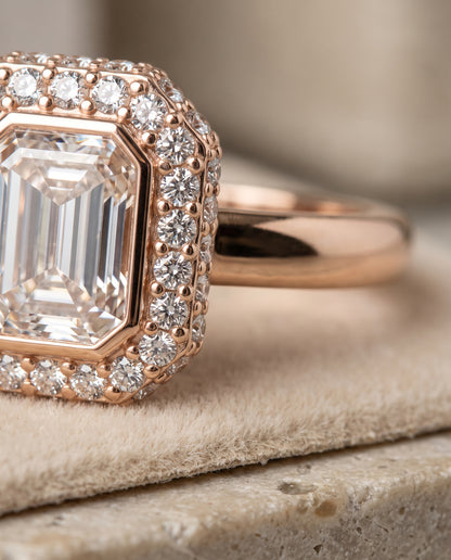 The Piper Double Halo Emerald Cut Engagement Ring Setting in 14K Rose Gold