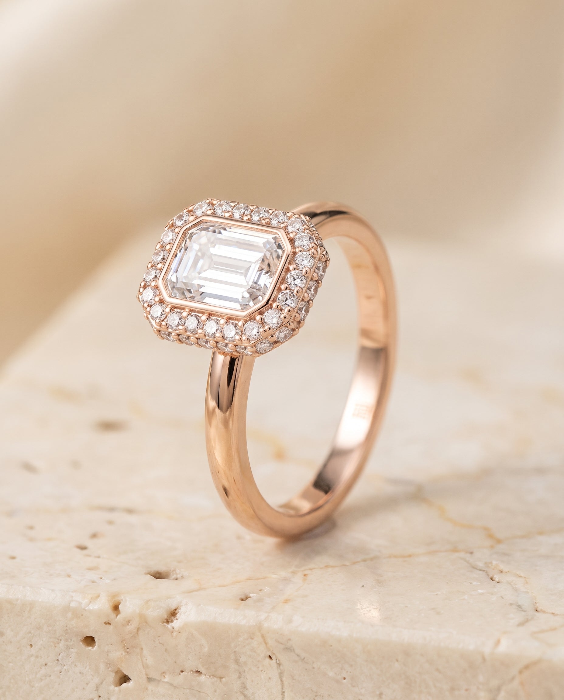 The Piper Double Halo Emerald Cut Engagement Ring Setting in 14K Rose Gold