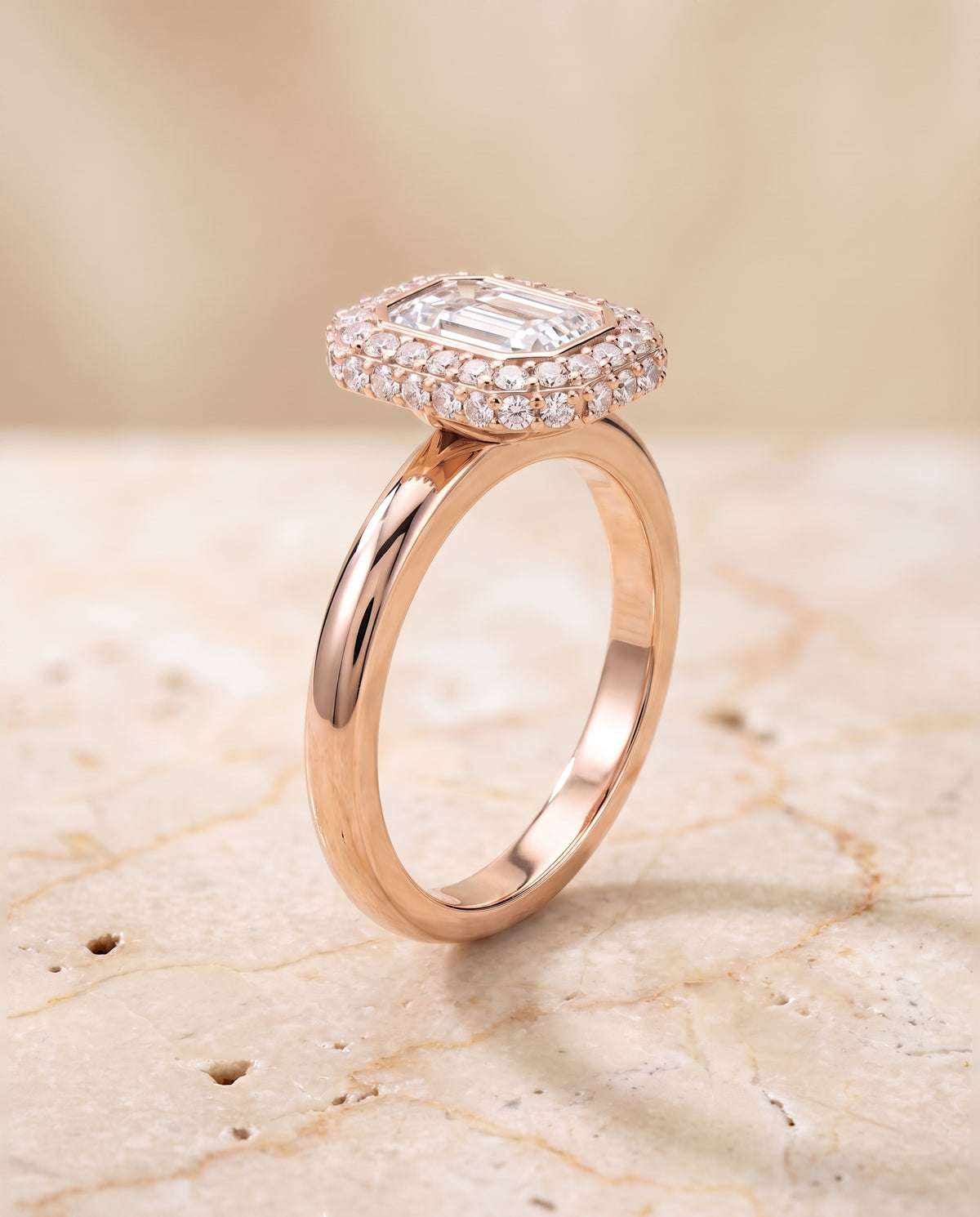 The Piper Double Halo Emerald Cut Engagement Ring Setting in 14K Rose Gold