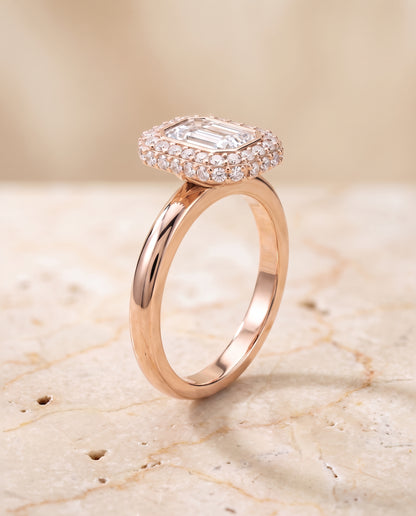 The Piper Double Halo Emerald Cut Engagement Ring Setting in 14K Rose Gold