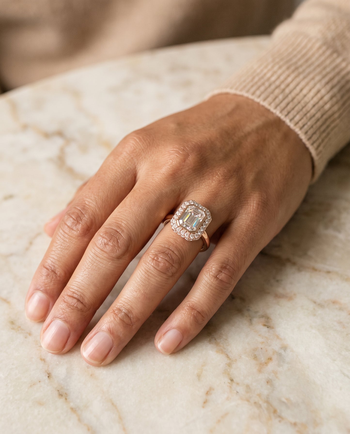 The Piper Double Halo Emerald Cut Engagement Ring Setting in 14K Rose Gold