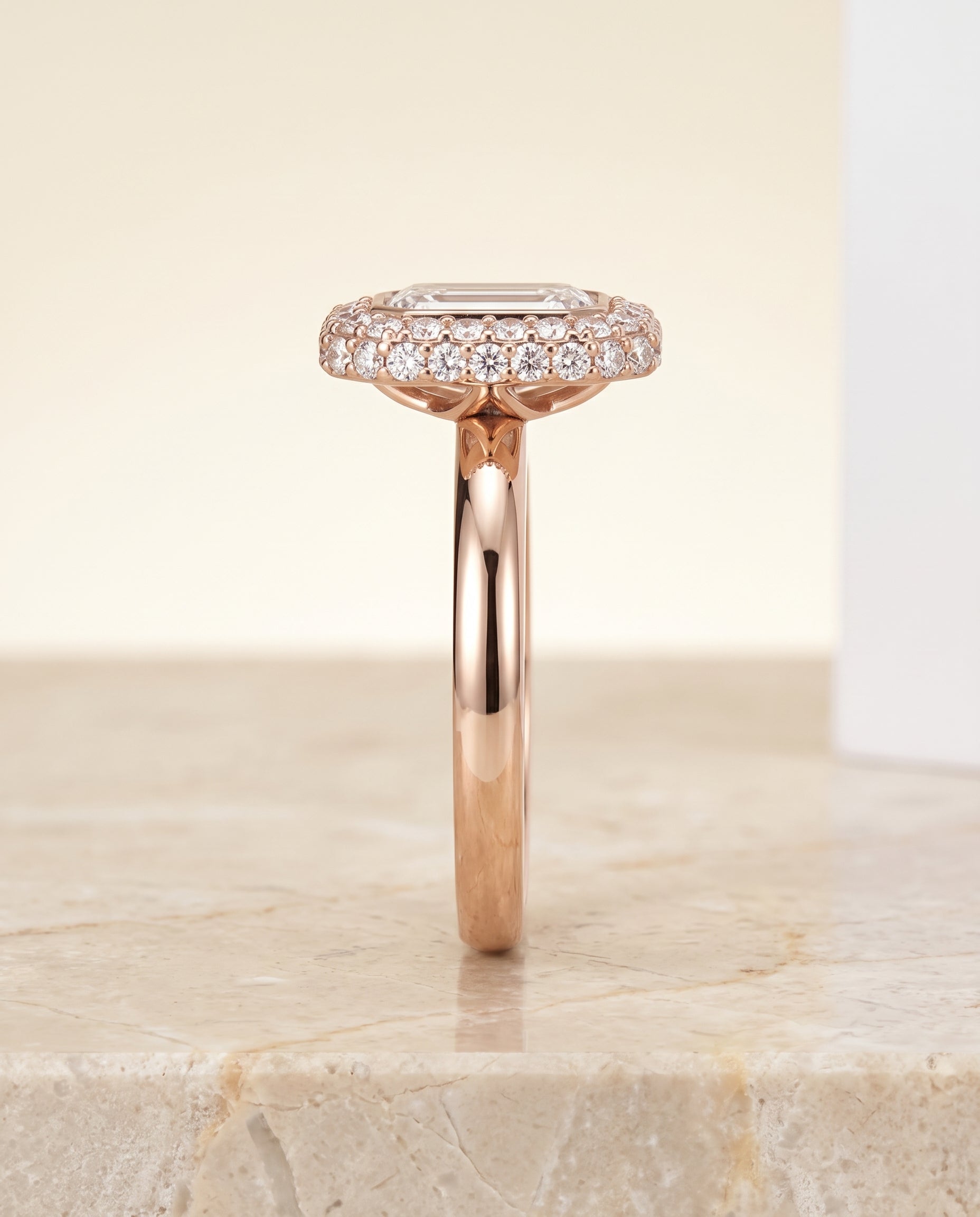 The Piper Double Halo Emerald Cut Engagement Ring Setting in 14K Rose Gold