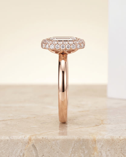 The Piper Double Halo Emerald Cut Engagement Ring Setting in 14K Rose Gold