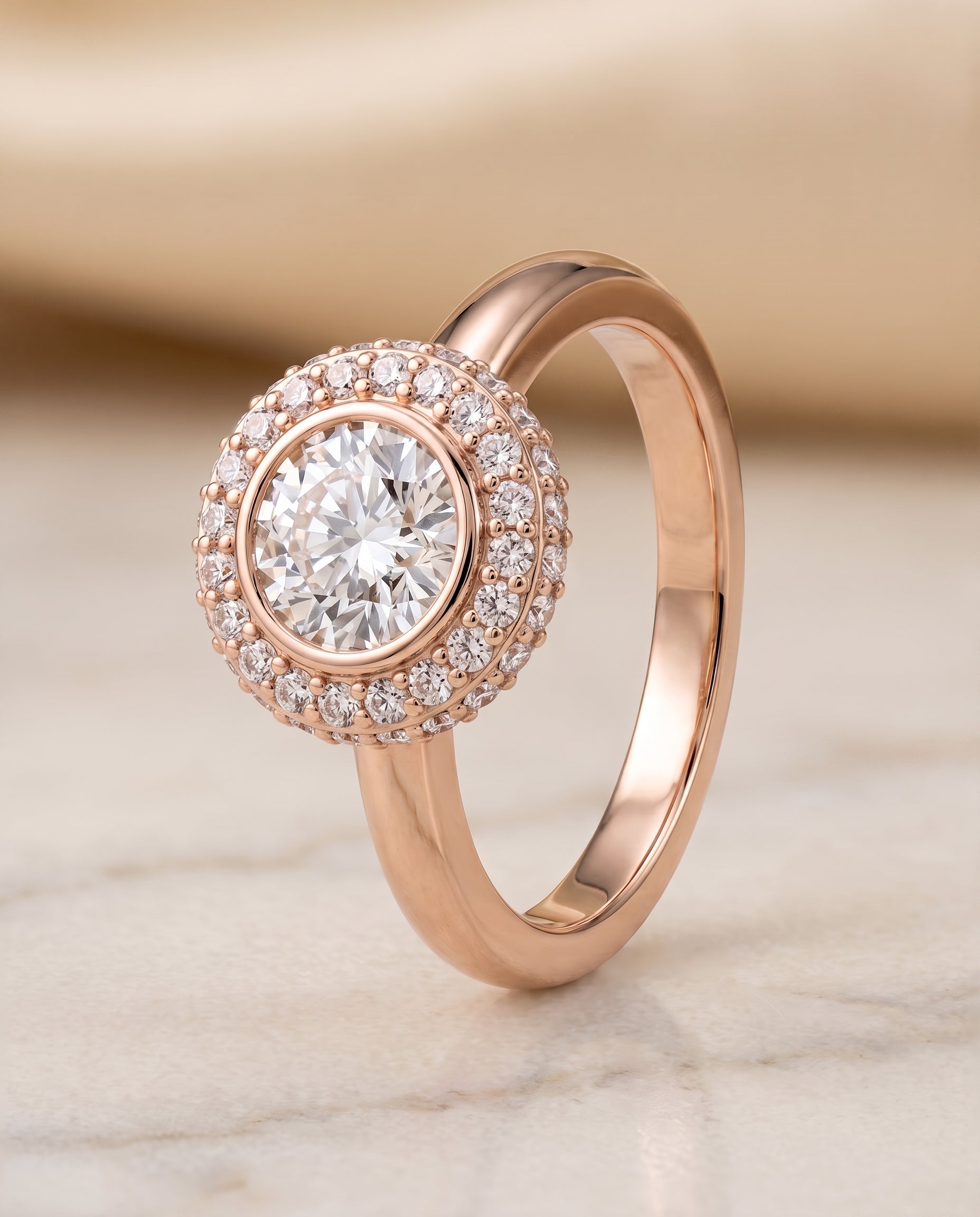 Double Halo styling on The Piper round engagement ring setting | RockHer