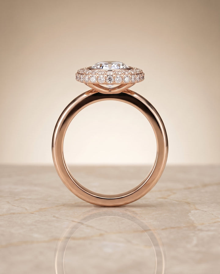 Piper Select Double Halo Oval Lab Diamond Engagement Ring in 14K Rose Gold, side view | RockHer
