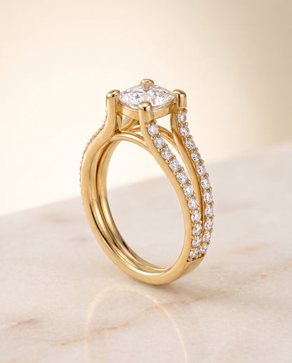 The Presley Split Shank Pavé Cushion Cut Engagement Ring Setting in 18K Yellow Gold
