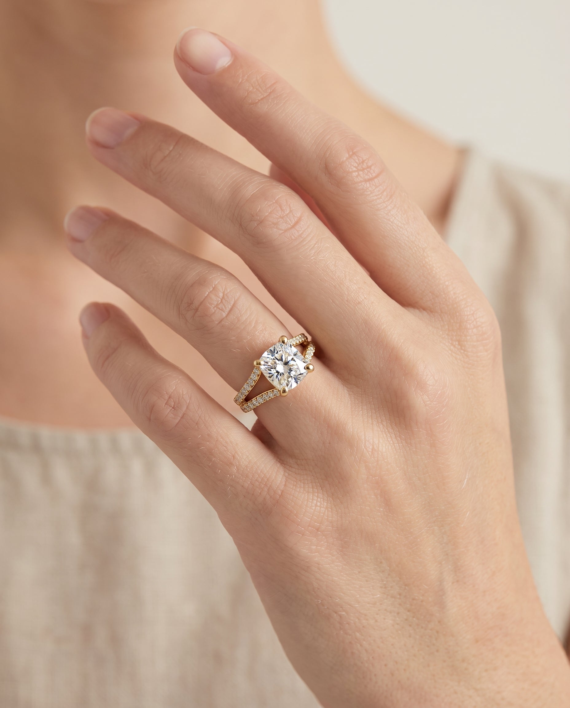 The Presley engagement ring setting in 18K Yellow Gold, split shank pavé cut design | RockHer