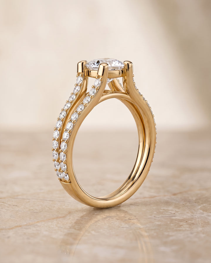 The Presley Split Shank Pavé Cushion Cut Engagement Ring Setting in 18K Yellow Gold