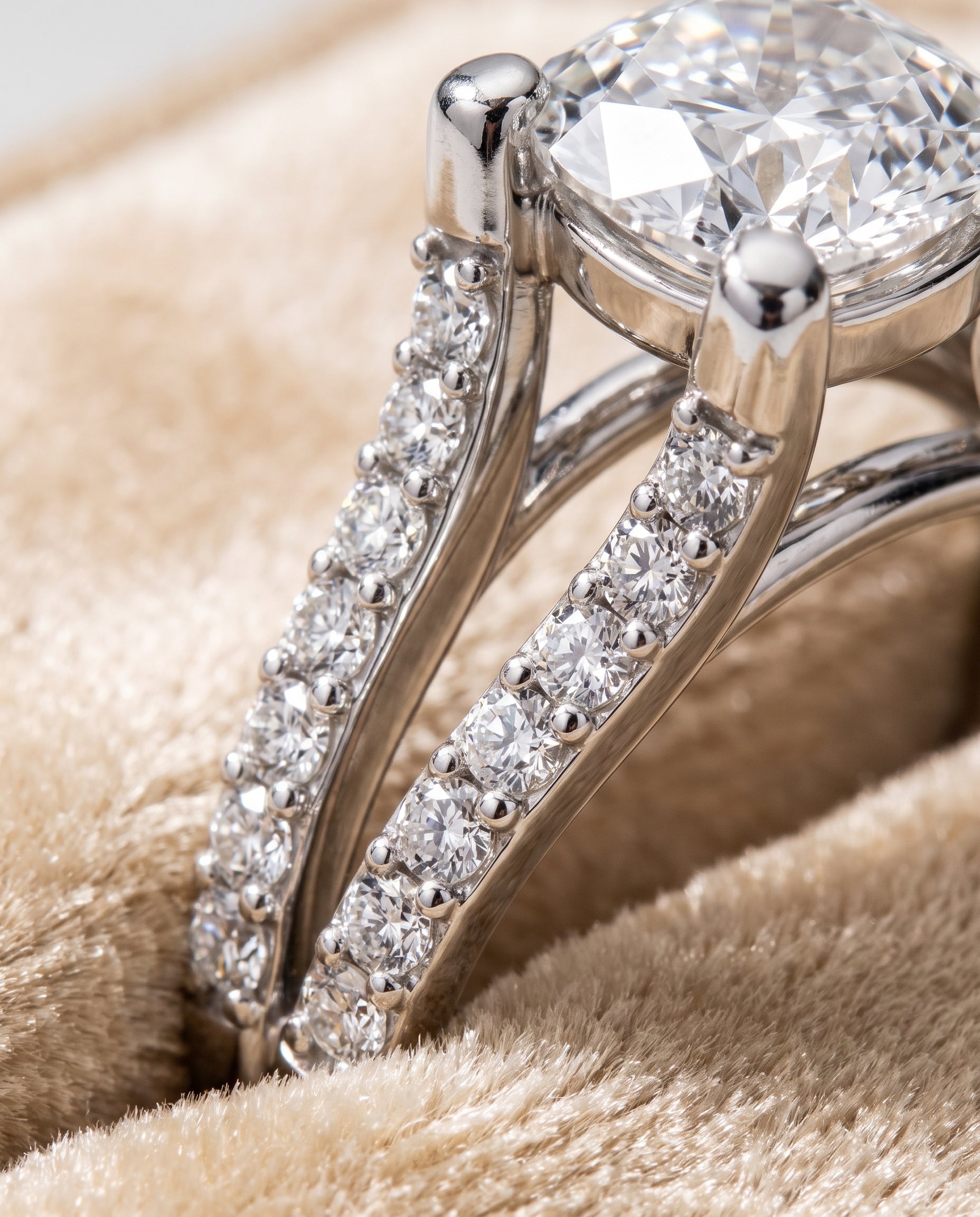 The Presley Split Shank Pavé Cushion Cut Engagement Ring Setting in Platinum
