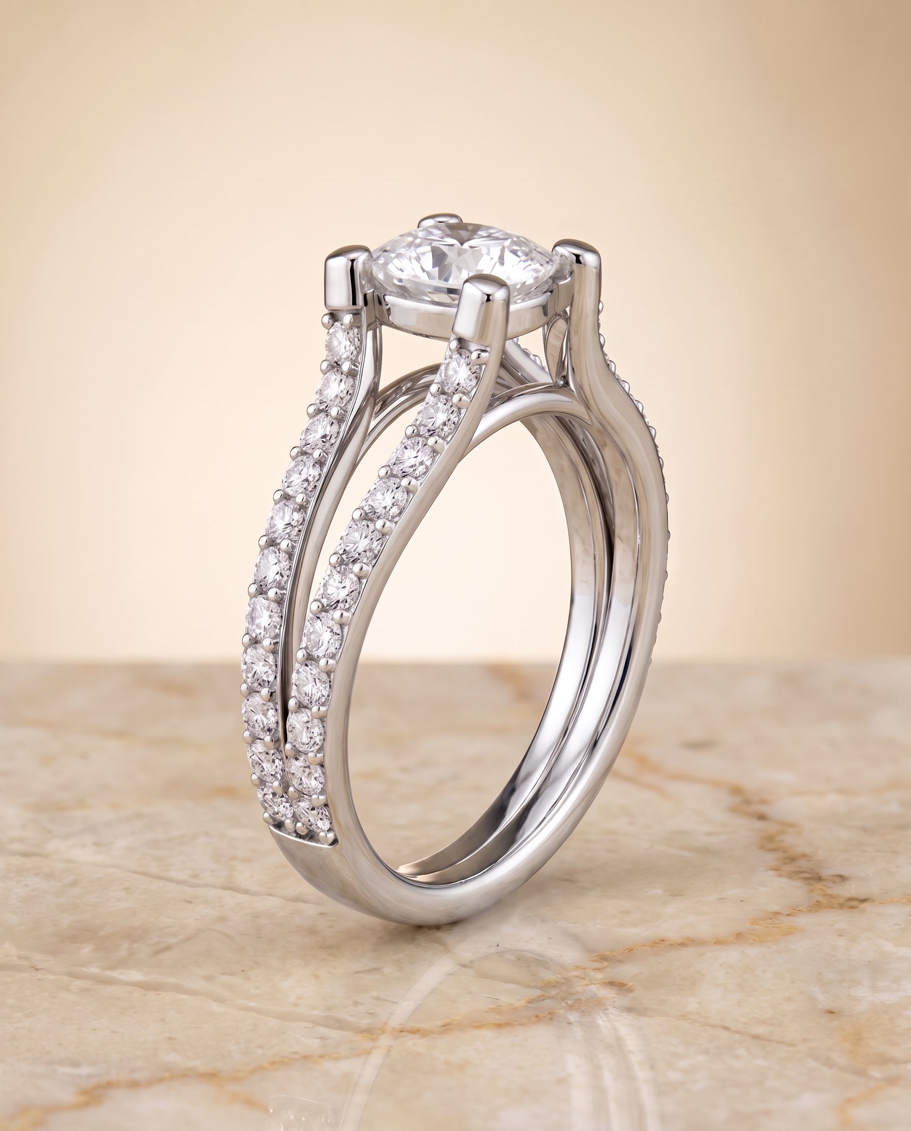 The Presley Split Shank Pavé Cushion Cut Engagement Ring Setting in Platinum