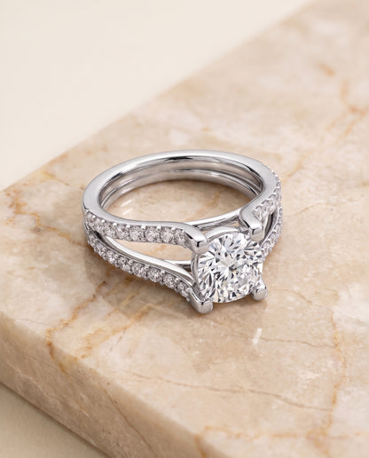 The Presley Split Shank Pavé Cushion Cut Engagement Ring Setting in Platinum