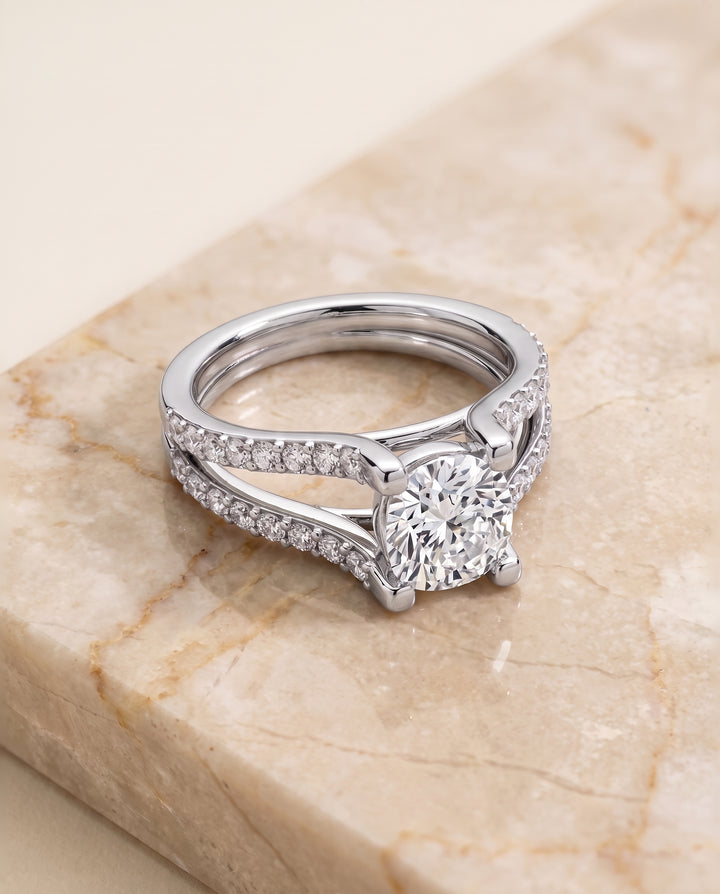 The Presley Split Shank Pavé Cushion Cut Engagement Ring Setting in Platinum