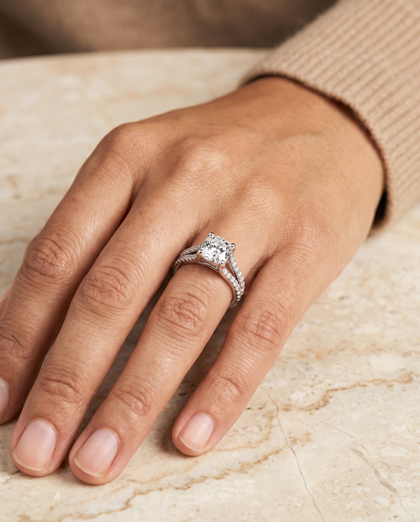 The Presley Split Shank Pavé Cushion Cut Engagement Ring Setting in Platinum