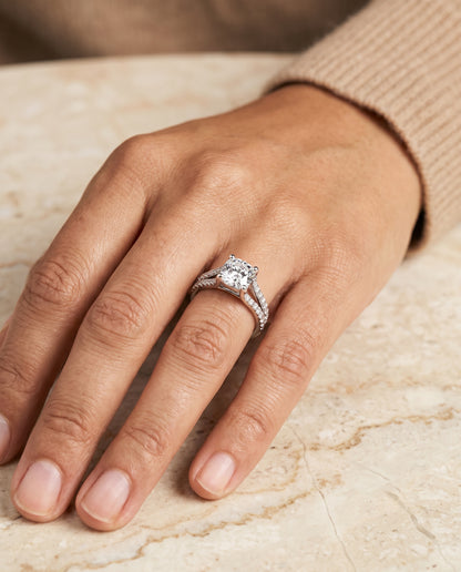 The Presley Split Shank Pavé Cushion Cut Engagement Ring Setting in Platinum