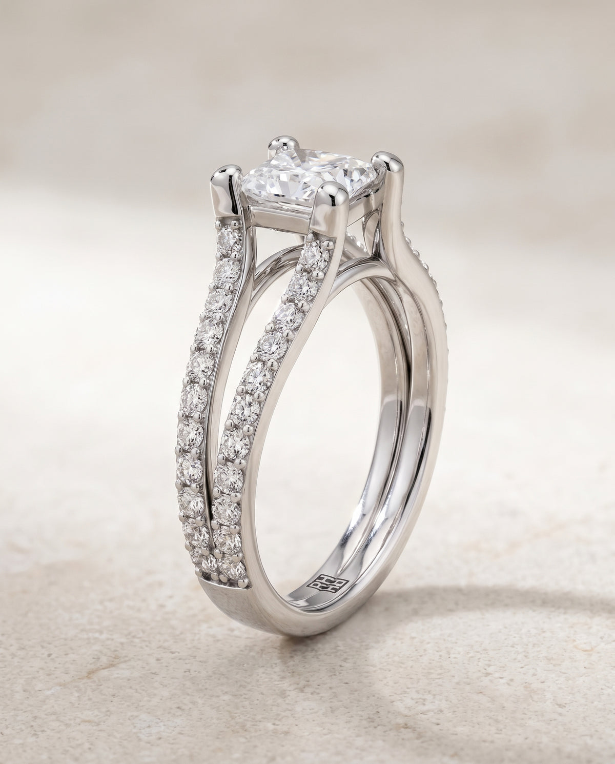The Presley Split Shank Pavé Princess Cut Engagement Ring Setting in Platinum