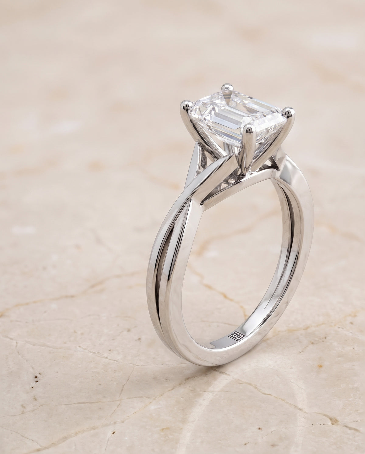 The Priscilla Delicate Twist Cathedral Solitaire Emerald Cut Engagement Ring Setting in 18K White Gold