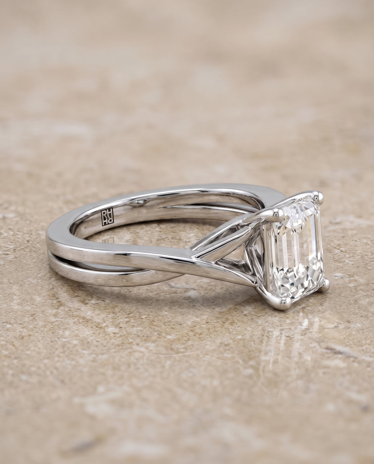 The Priscilla Delicate Twist Cathedral Solitaire Emerald Cut Engagement Ring Setting in 18K White Gold