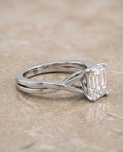 The Priscilla Delicate Twist Cathedral Solitaire Emerald Cut Engagement Ring Setting in 18K White Gold