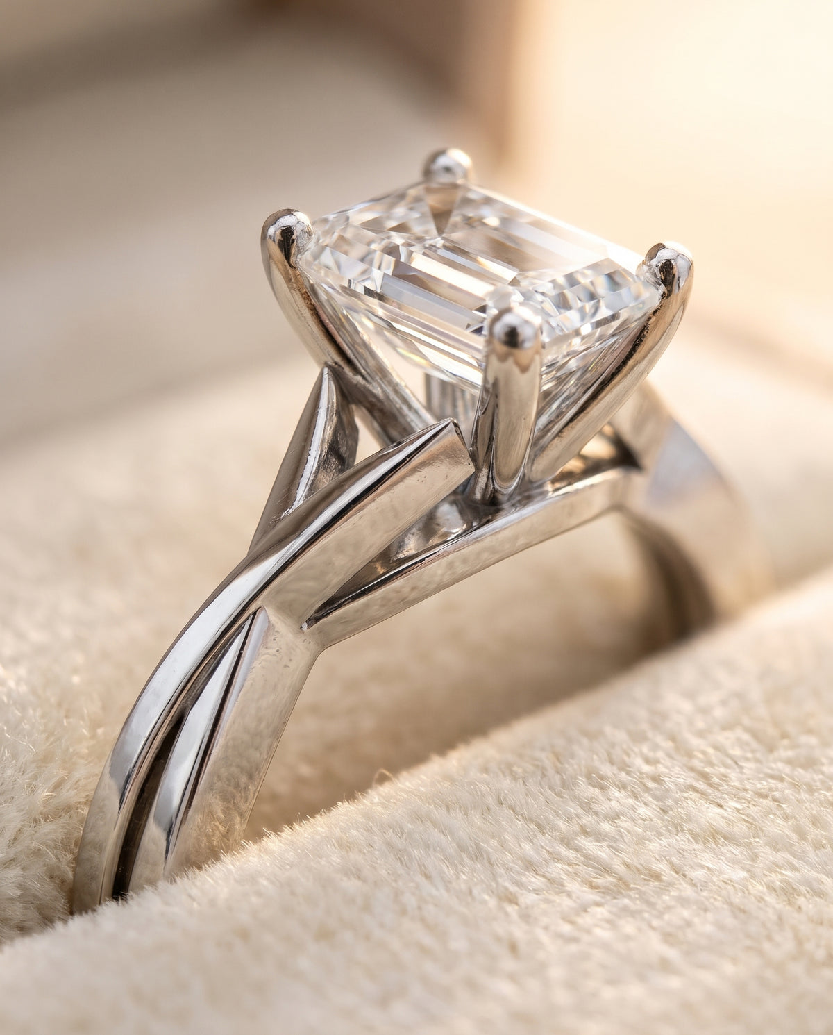 The Priscilla Delicate Twist Cathedral Solitaire Emerald Cut Engagement Ring Setting in 18K White Gold