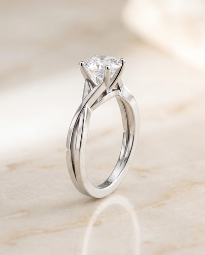 The Priscilla Delicate Twist Cathedral Solitaire Round Engagement Ring Setting in 18K White Gold