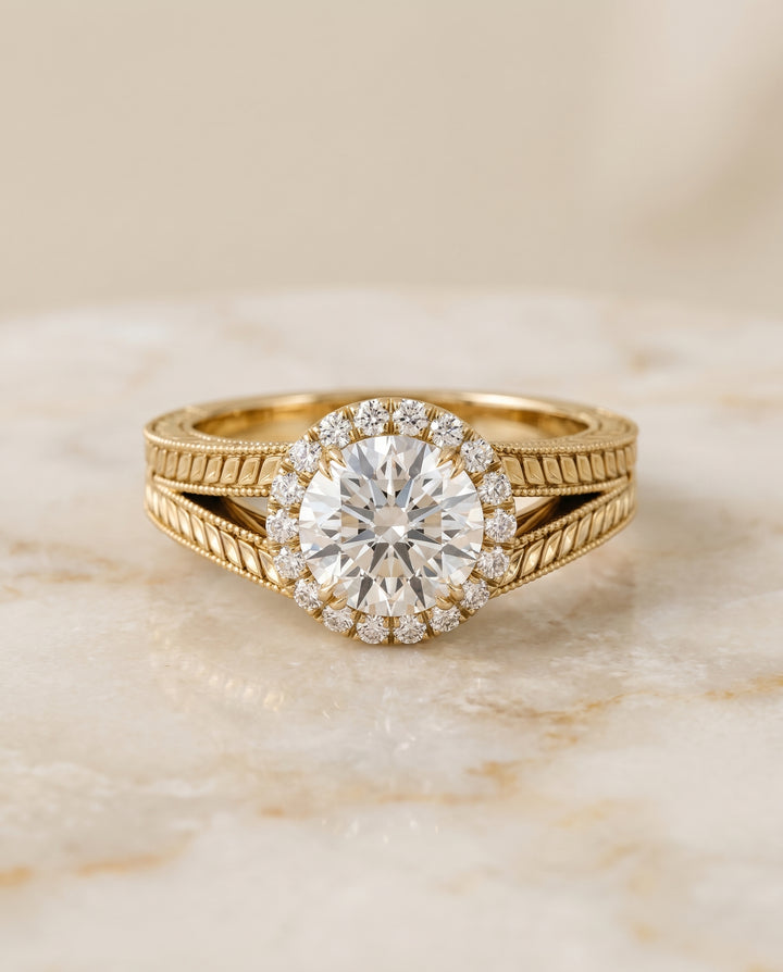 The Ramona Pavé Halo Engagement Ring Setting for Round Diamonds in 18K Yellow Gold | RockHer