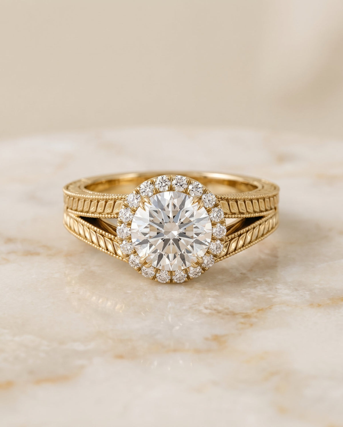 Ramona Select Vintage Wheat Engraved Halo Round Lab Diamond Engagement Ring in 18K Yellow Gold, alternate angle | RockHer