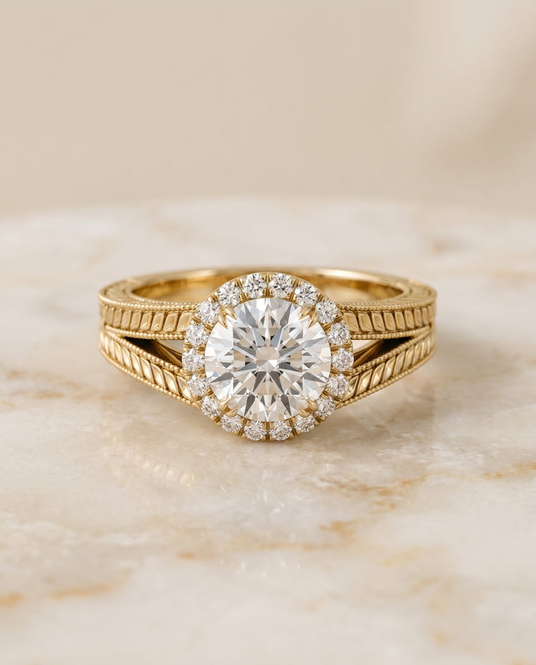 The Ramona Select Vintage Wheat Engraved Halo Round Lab Diamond Engagement Ring in 18K Yellow Gold