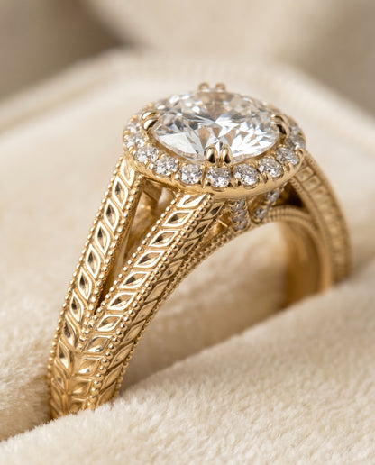 The Ramona Vintage Wheat Engraved Halo Round Engagement Ring Setting in 18K Yellow Gold