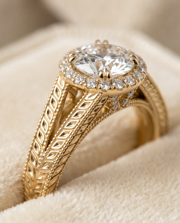 Ramona Select Vintage Wheat Engraved Halo in 18K Yellow Gold – view 4